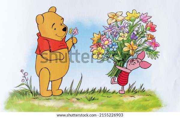 Wroclaw, Poland - May 11, 2022: Illustrations of Tales of Friendship Treasury book, author Thea Feldman. Illustrated by Disney story book artists. Winnie-the-Pooh, Piglet, Owl, Tiger a. Editorial use 