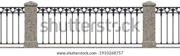 Wrought iron railing. Vintage. 3D render\
for project. Isolated. Decor. Art Nouveau. Architecture. Classic\
balcony. Stone pillars. White\
background.\
