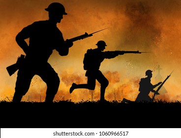 WW1 British Soldiers Silhouette. Fire And Smoke Battlefield.