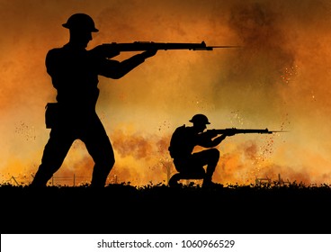 WW1 British soldiers silhouette. Fire and smoke battlefield. - Shutterstock ID 1060966529