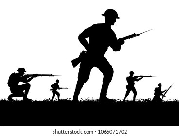 WW1 British soldiers silhouette. White background.