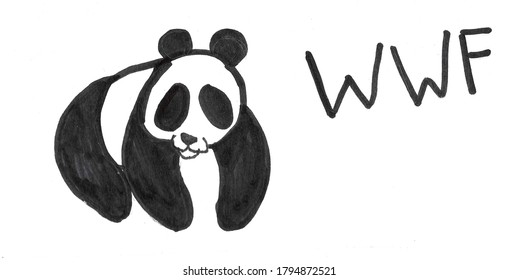 WWF Panda Symbol, World Wildlife Fund For Nature - Endangered Species Conservation, White And Black Hand Drawing Of Panda, Child Like Drawing, Marker Drawing