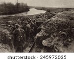 WWI. German troops holding a first-line trench on the river bank. Possibly during the Aisne Offensive, in May 27-June 4th, as part of 1918 German drive when they came within 56 kilometers of Paris.