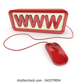 WWW sign connected to a computer mouse, 3D rendering