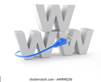 WWW text with network cable isolated on white background. 3d illustration