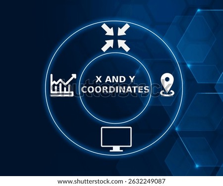 x and y coordinates tech concept.A pair of numbers used to represent a point in a two-dimensional space, typically in graphs or geometry.