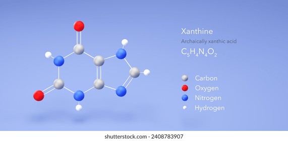 xanthine molecule, molecular structures, archaically xanthic acid, 3d model, Structural Chemical Formula and Atoms with Color Coding