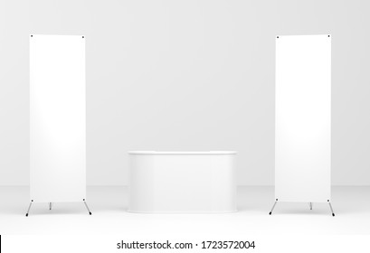 X-Banner and booth Stand Mockup. 3D Render.