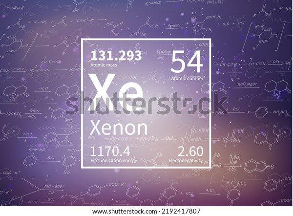 Xenon chemical\
element with first ionization energy, atomic mass and\
electronegativity on scientific\
background