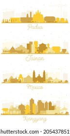 Xiangyang China, Mexico City, Tainan Taiwan And Padua Italy City Skyline Silhouette Set With Golden Buildings Isolated On White.