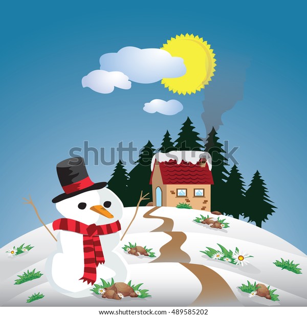 Xmas Snowman Country House Stock Illustration