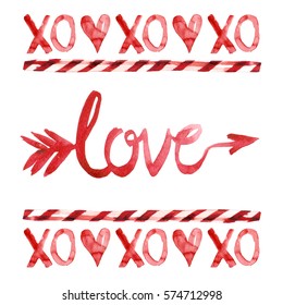 XO, Love, Amor Arrow, Lollipop And Heart Watercolor Illustrated In Red Color For Valentine's Day