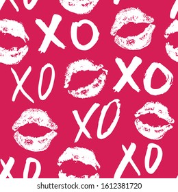 XOXO brush lettering signs seamless pattern, Grunge calligraphic hugs and kisses Phrase, Internet slang abbreviation XOXO symbols, illustration isolated on white background