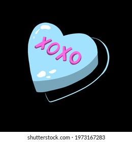 XOXO Candy Heart Hand Drawn Illustration Single Icon Pale Blue With Bright Pink Lettering On A Black Background, Cute Kisses And Hugs For Valentines Day Cards, Stickers, Magnets, Prints, Decoration