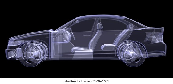 X-ray Of Car On Isolated Black Background, Side View