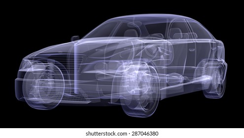 X-ray Of Car On Isolated Black Background, Side View