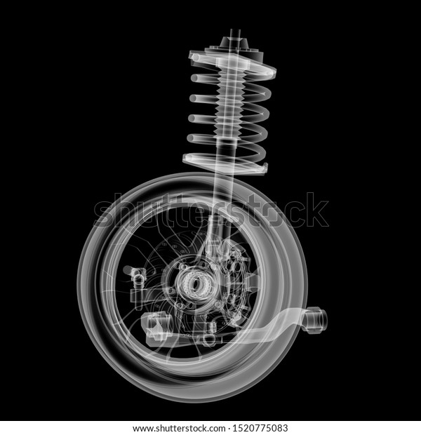 X-ray Car suspension and brake disk on black\
background, 3d\
illustration