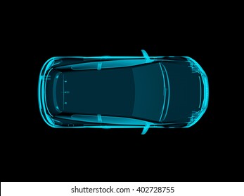 X-ray Concept Car On Isolated Black Background, Top View. Sports Car 3D Blue Transparent