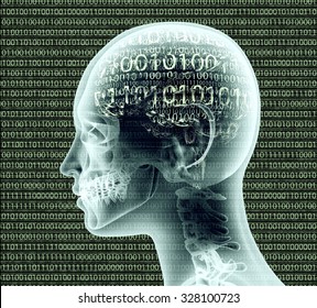 X-ray Image Of Human Head With Binary Code For A Brain.