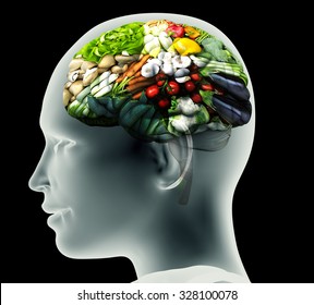 x-ray image of human head with vegetables for a brain.
