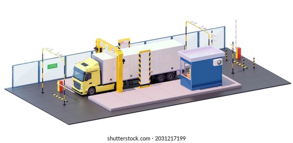 X-ray truck scanner. Customs control on border checkpoint. Booth, barriers, video surveillance, cargo scanning machine. 3d illustration