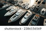 Yacht club at sunset. Yacht parking. Yachts and boats in marina from above at sunset. Yachts at ocean marina. 3d illustration