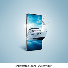 yacht creative design on smartphone. Online booking concept. Travel and tourism concept. Unusual travel 3d illustration