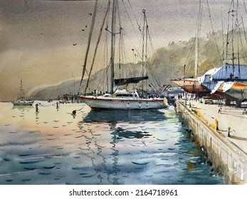 Yacht Watercolor Painting Colorful Watercolor Hand Stock Illustration ...