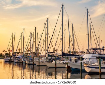 Yachts in marina along the Manatee River shortly after sunrise, west central Florida, USA, with digital oil-painting effect, for coastal, marine, and travel themes. Golden hour.