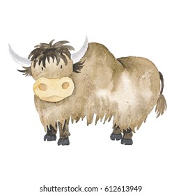 Yak Watercolor Brown Hand-Painted Isolated