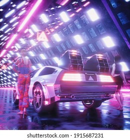 Yalova, Marmara Turkey - February 13 2021: 3D Rendering Of Retro And Outrun Style Environment With Classic Look And Legendary DeLorean Car With Fantasy Female Figures