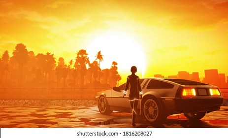 Yalova, Marmara / Turkey - September 16 2020: 3D Rendering Of Retro And Outrun Style Environment With Classic Look And Legendary DeLorean Car With Fantasy Female Figure