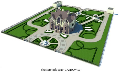 Yard Landscape Design Illustration, Aerial Perspective 3d Illustration