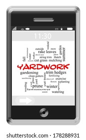 Yardwork Word Cloud Concept Of Touchscreen Phone With Great Terms Such As Prune, Mow, Rake And More.