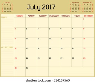 Year 2017 July planner - A monthly planner calendar for July 2017 on yellow background. A custom straight lines thick font is used. - Powered by Shutterstock