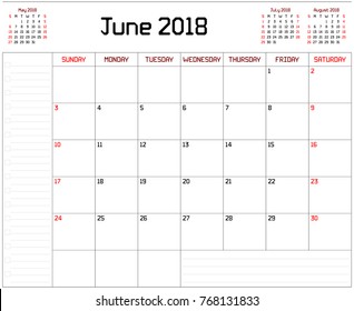 Year 2018 June planner - A monthly planner calendar for June 2018 on white background. A custom straight lines thick font is used. - Powered by Shutterstock