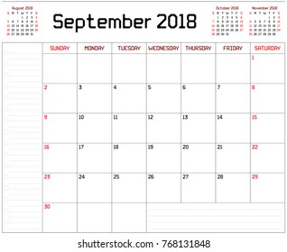 Year 2018 September planner - A monthly planner calendar for September 2018 on white background. A custom straight lines thick font is used. - Powered by Shutterstock