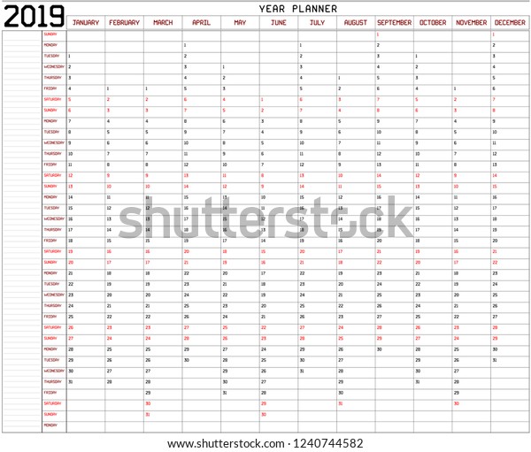 Year 2019 Planner Annual Planner Calendar Stock Illustration 1240744582 ...