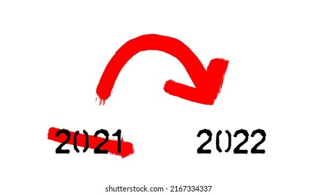 Year 2021 And Year 2022- Handwritten Stencil Text With Arrow On White Background