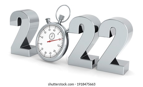 Year 2022 with stopwatch isolated, 3D rendering