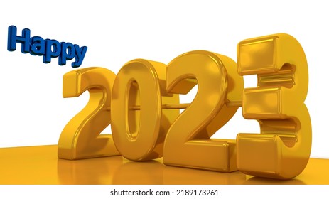 Year 2023 Concept; 3d Numbers And Text In Various Orientations In Gold And Blue Metallic Finish; 3d Illustration