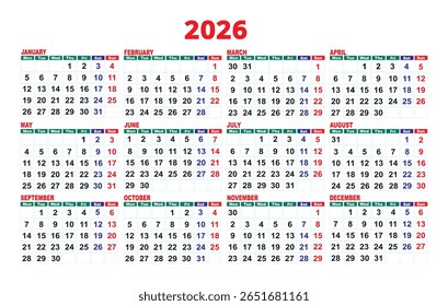 Year 2026 calendar design template in red and green color, Sunday to Saturday week format, printable and editable vector layout - Powered by Shutterstock - Get 15% off with code: PIKWIZARD15