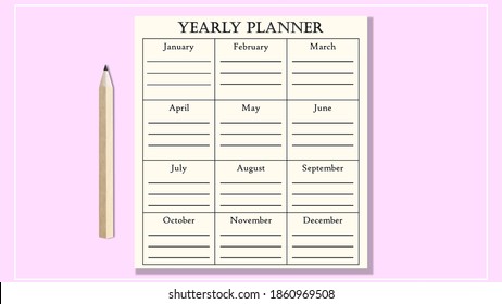 yearly planner with square boxes with January, February, March, April, May, June, July, August, September, October, November and December wording on pink background and a pencil on the left. - Powered by Shutterstock