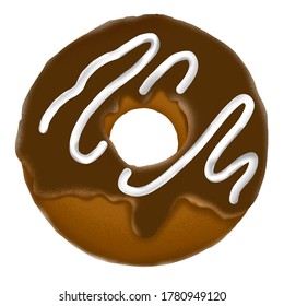 Yeast Beef Donut Coated With Chocolate Double Line With White Chocolate. Donut Illustration