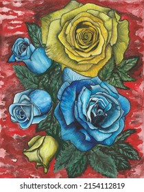Yellow 1 big rose and 1 small + Blue 1 big and 2 small roses with green leaves on a bloody red background. Created to support Ukraine. Realistic. Watercolor. Brussels 6 May 2022