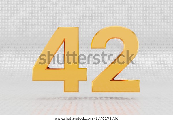 Yellow 3d number\
42. Glossy yellow metallic number on metal floor background. Shiny\
gold metal alphabet with studio light reflections. 3d rendered font\
character.