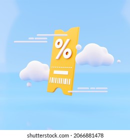 Yellow 3D Renderin Coupon With Cloud On Various Discounts And Sales Of Goods And Online Movie Tickets. 3d Rendering