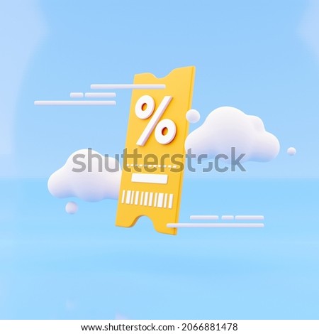 Yellow 3D renderin coupon with cloud on various discounts and sales of goods and online movie tickets. 3d Rendering