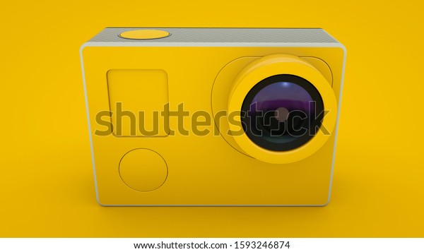 Yellow Action\
Camera isolated. 3D\
illustration.