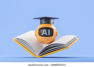 Yellow AI robot in graduation cap and opened book, blue background. Concept of education, reading, school and machine learning. 3D rendering illustration